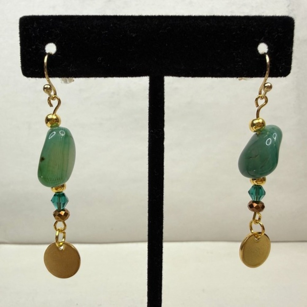 18K Gold Plated Hook Green Agate Cold Stone Swarovski Crystal Earrings Jewelry